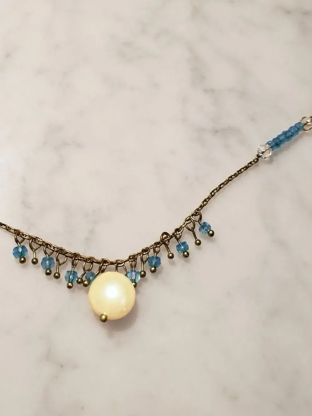 Anthropologie 17” Pearl Blue Beaded Gold Tone Delicate Necklace